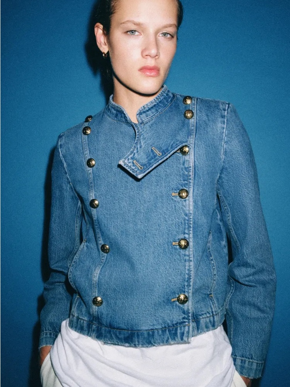 ZARA Blue Military-Style Denim Jacket with Gold Buttons Size S